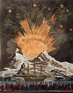 パリの都市によって与えられたフェスティバルのためのグレーヴ広場の向かいの装飾である神聖な祭典と皇室の戴冠式の装飾、1806年に公開（手彩色彫刻） 作： Louis Le Coeur